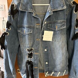 Wren and Glory Trendy Blue Denim Jacket with Black Lace-Up Accents